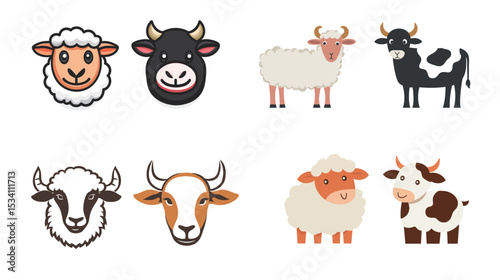 A clean and simple vector logo design featuring a stylized sheep and cow side by side, minimal lines, bold shapes, farm animals, agriculture theme, black and white contrast, modern branding icon