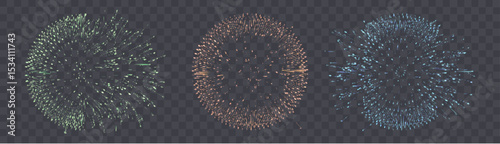 Light pulses in the form of volumetric explosions and scattered rays isolated on a transparent background. Vector light effect for sci-fi interfaces, HUD, game effects and accelerations.