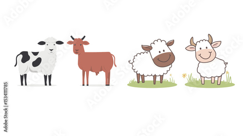 A clean and simple vector logo design featuring a stylized sheep and cow side by side, minimal lines, bold shapes, farm animals, agriculture theme, black and white contrast, modern branding icon