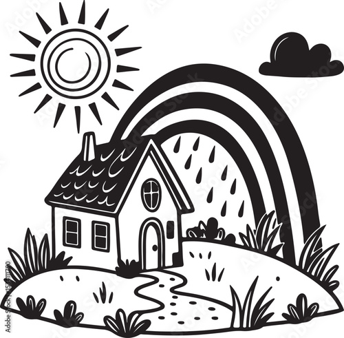 Charming Cottage under a Rainbow Black and White Illustration