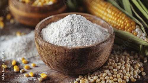 Ripe Corn Cobs and Kernels with Corn Starch in a Bowl