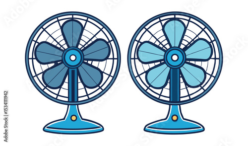 Photo of two blue desk fans, one darker and one lighter, isolated on white background