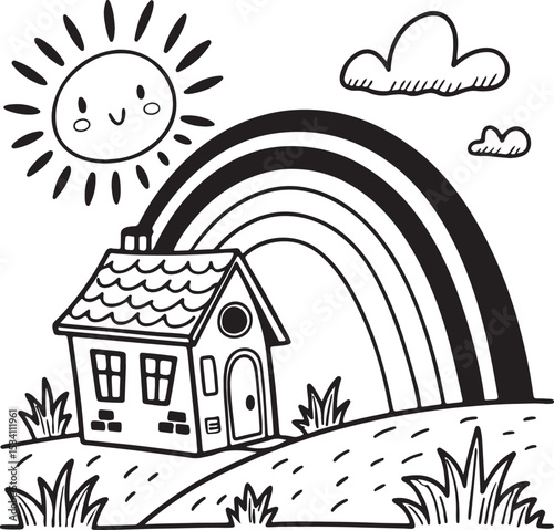 Charming House Under a Rainbow A Delightful Doodle Illustration