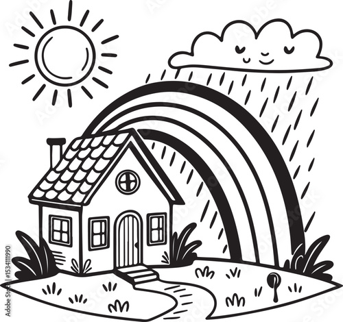 Charming House Under a Rainbow A Delightful Black and White Illustration