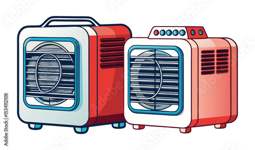 Photo of two retrostyle electric heaters, one red and one coral, sit sidebyside, isolated on white background
