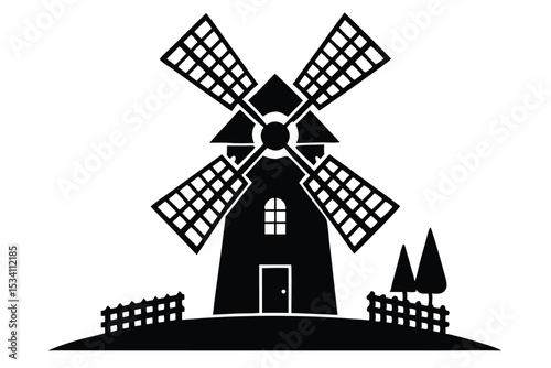 Black Windmill Silhouette with Fence and Trees on a Small Hill Graphic