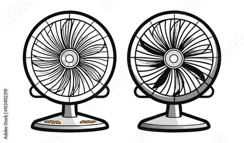 Photo of two desk fans, one with blades spinning and the other stationary, isolated on white background