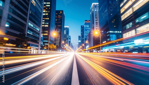 Long exposure captures car light trails streaking down a city road at dusk, with skyscrapers lining the street and city lights glowing, creating a dynamic scene.