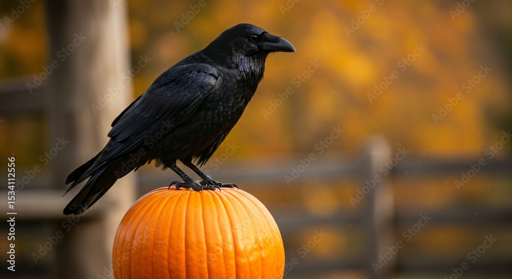Obraz premium Black raven perched on a pumpkin. Holiday decoration symbol of Halloween and spooky autumn season.