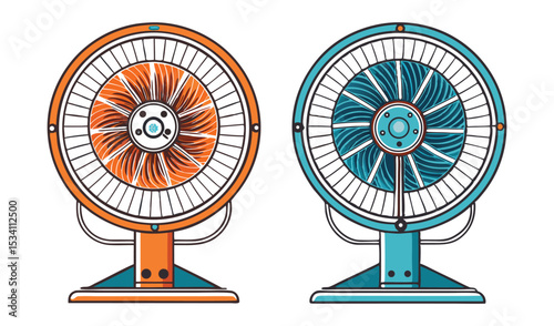 Photo of two vibrant desk fans, one orange and one teal, stand isolated on white background