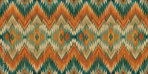 Vibrant geometric pattern featuring teal, orange, and cream hues.
