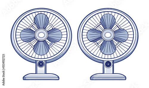 Photo of two identical blue desk fans, isolated on white background, stand ready to provide a cool breeze