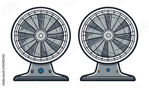 Photo of two vintage desk fans, one slightly damaged, isolated on white background