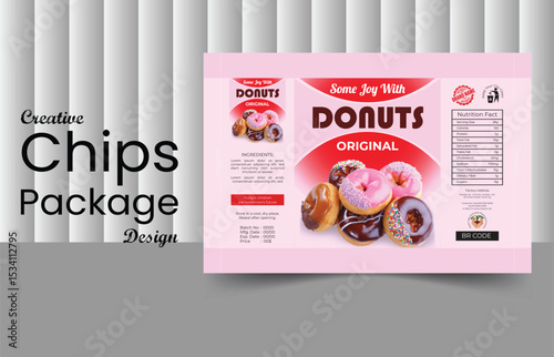 Colorful and creative donut chips packaging design in pink theme. Perfect for snack branding, food packaging mockups, and commercial product presentation.