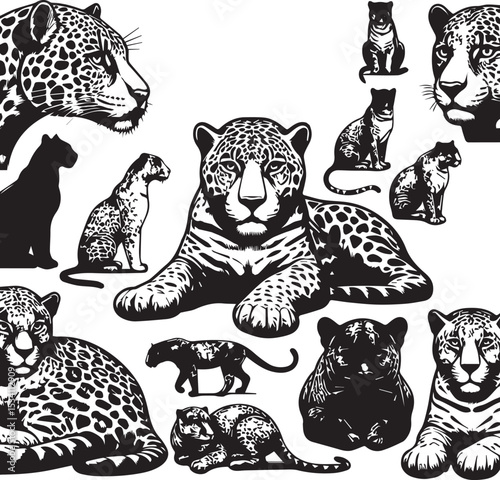Black and White Jaguar Vector Illustration – Minimalist Wild Cat Silhouette Art	
