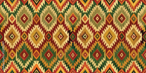 Vibrant geometric textile pattern with rich colors and intricate design.