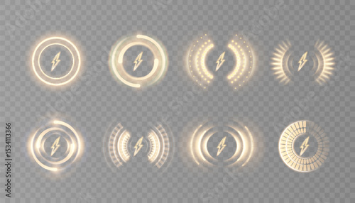 Golden HUD elements with rotating glowing rings and energy symbol. Suitable for user interface, futuristic charging and power visualization. Light elements on transparent background PNG