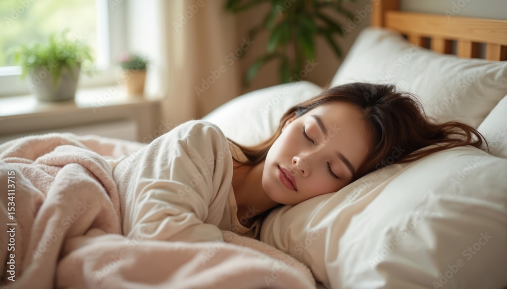 Peaceful woman sleeps in a cozy bed. Soft pillows and warm blanket create serene atmosphere for restful sleep. Bedroom decor, morning light, peacefulness and beauty. Peaceful woman sleeps in a cozy bed. Soft pillows and warm blanket create serene atmosphere for restful sleep. Bedroom decor, morning light, peacefulness and beauty.