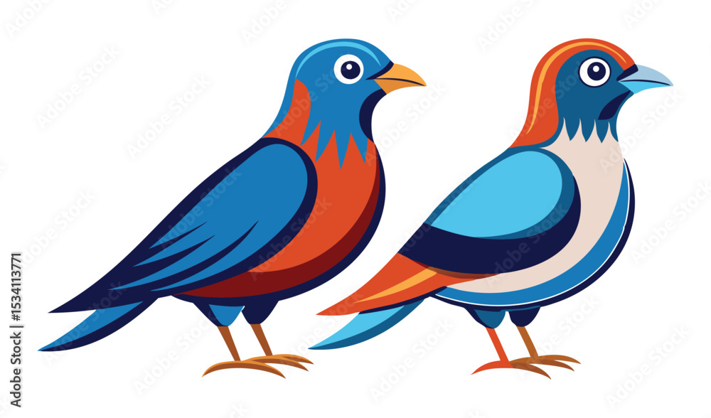Photo of two stylized birds, one blue and orange, the other blue, orange, and beige, isolated on white background Photo of two stylized birds, one blue and orange, the other blue, orange, and beige, isolated on white background