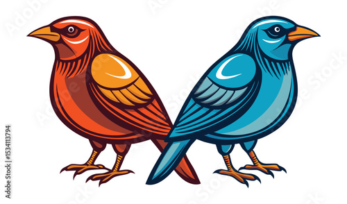 Photo of two vibrant birds, one orange and one blue, stand side by side, isolated on white background