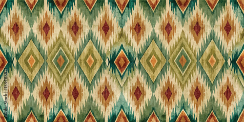 Vibrant geometric pattern with earthy tones in a diamond design.