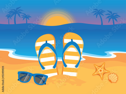 Beach with flip flops, sunglasses and starfish vector illustration. Summer background with flip flops on the beach drawing. Tropical vacation and travel concept
