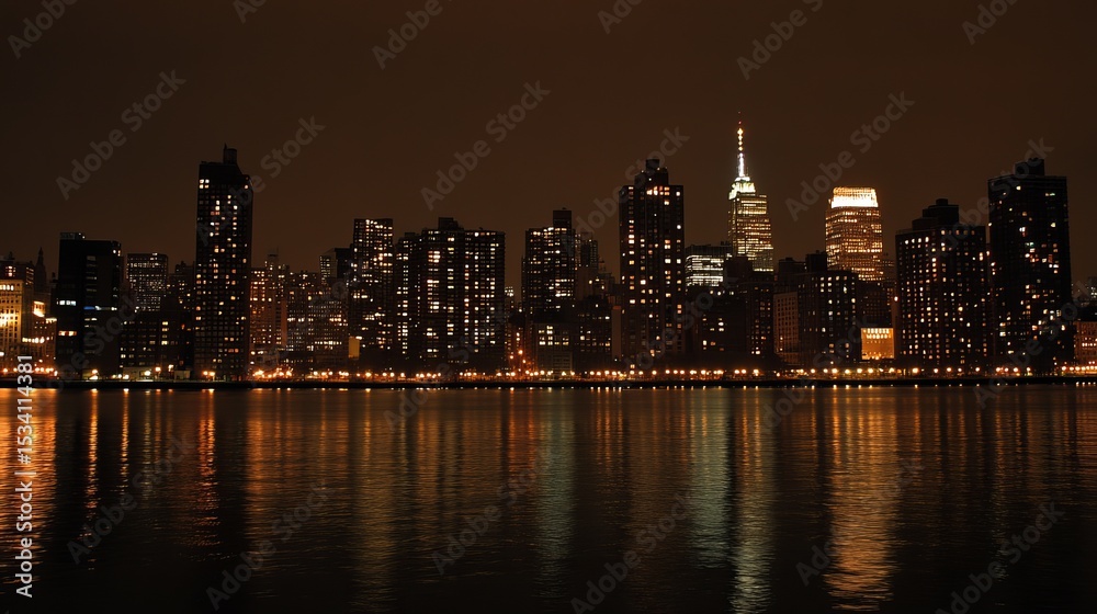 Fototapeta premium Night cityscape reflected in calm water, showcasing illuminated skyscrapers and a tranquil atmosphere