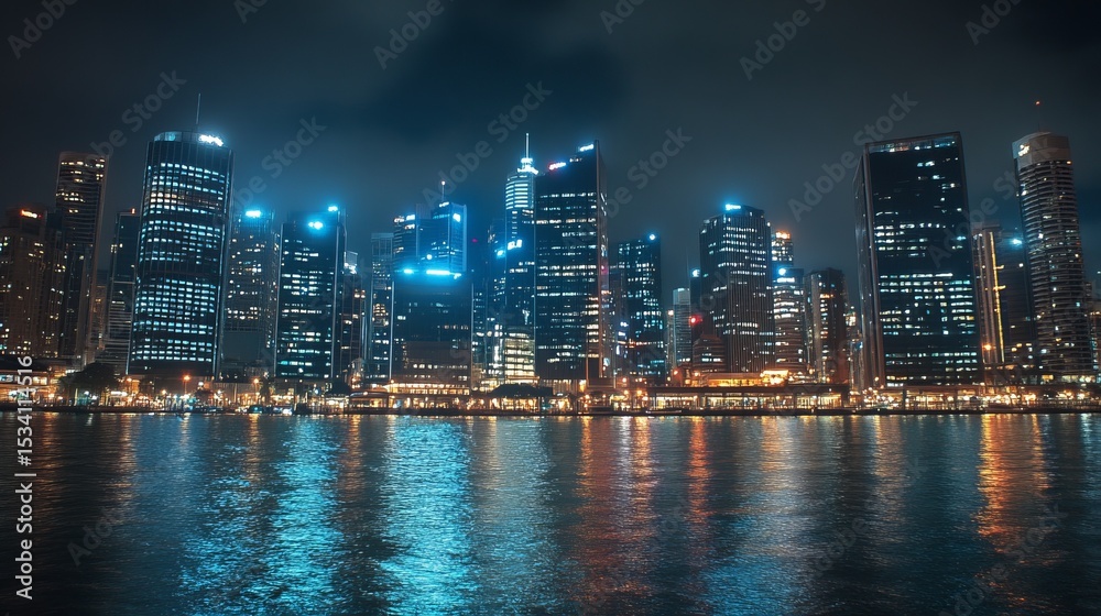Naklejka premium Night cityscape reflected in calm water, showcasing illuminated skyscrapers and urban lights