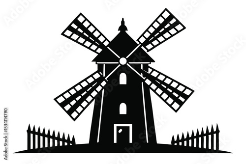 Silhouette of a Dutch Windmill with Wooden Fence Illustration in Black and White