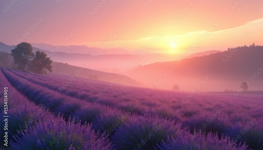 Obraz premium Sunrise over lavender field in mist, scenic landscape. Dawn colors, pink sky. Purple flowers, rows of lavandula. Rural nature scenery, calm, peaceful. Morning meadow, horizon, outdoors, relaxation,