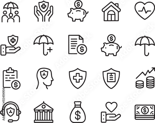 Comprehensive Insurance Icons Protection, Savings, and Healthcare Symbols