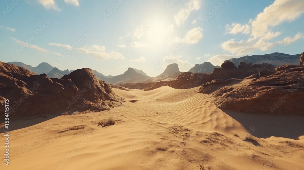 Naklejka premium Scenic desert landscape with sand dunes, rocky formations and vast open horizon