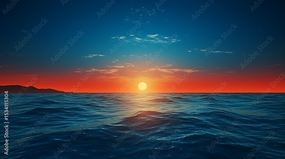Obraz premium A bold, fiery orange moon slowly rising over dark ocean waves, the horizon glowing with warm colors that fade into the deep blue night, small waves catching reflections of the moonlight.