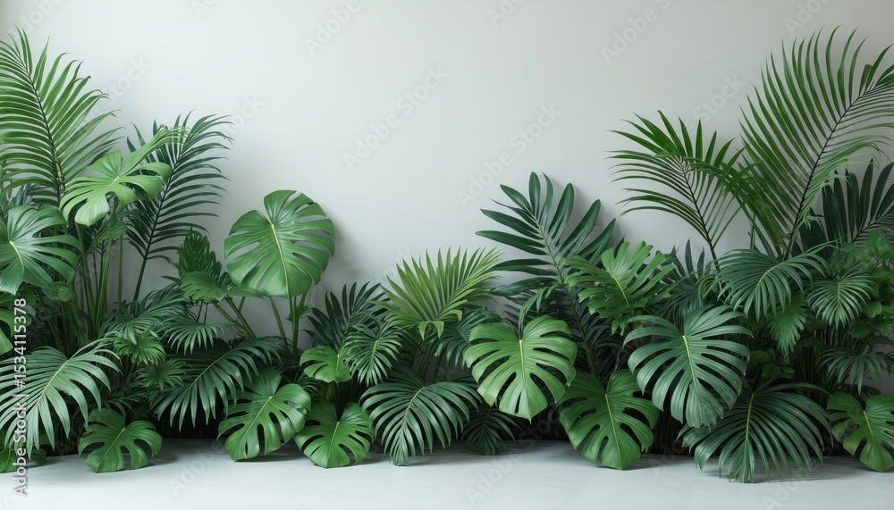 Fototapeta premium Lush tropical plants arrangement against light background. Green foliage, monstera leaves, palm leaves. Home decor, garden design, natural aesthetic, minimalist decor, floral wallpaper.