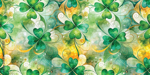 Vibrant green clovers with intricate designs and swirls, evoking a festive mood.