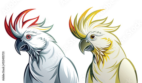 Photo of two vibrant cockatoos, one with red and the other with gold crest, isolated on white background