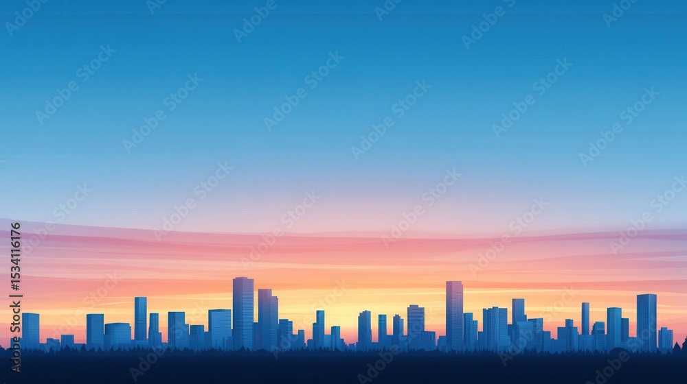 Fototapeta premium Cityscape Silhouette Against Vibrant Sunrise with Colorful Sky Background
