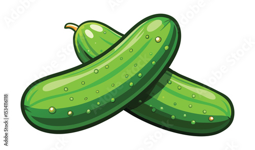 Photo of two vibrant green cucumbers, glistening with dew, are intertwined, isolated on white background