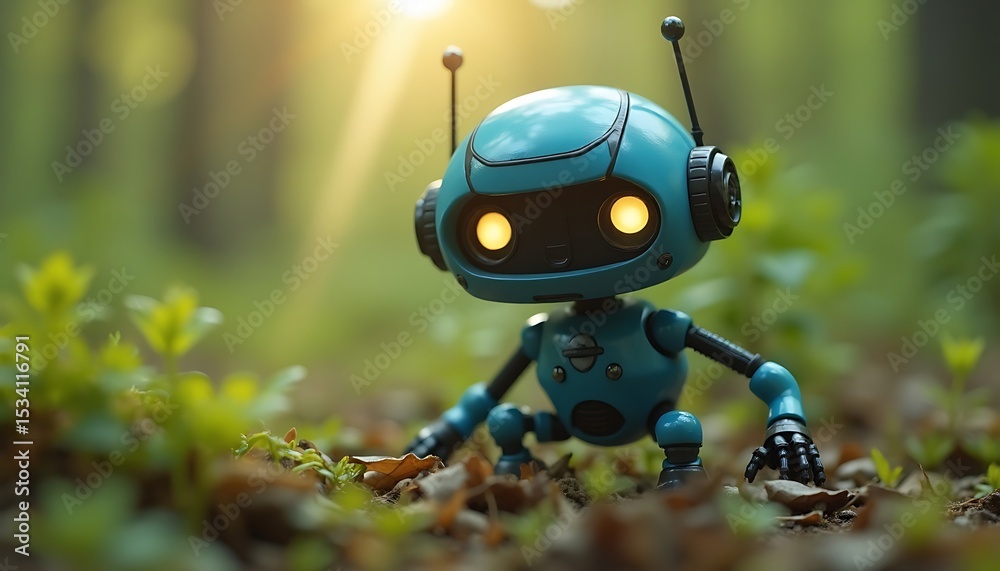 Fototapeta premium Illustration of cute teal robot with glowing eyes in forest setting.