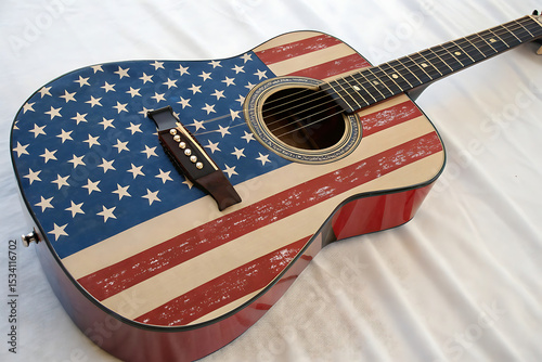 American Flag Decorated Acoustic Guitar with Star Spangled Banner Design for Musical Patriotism photo