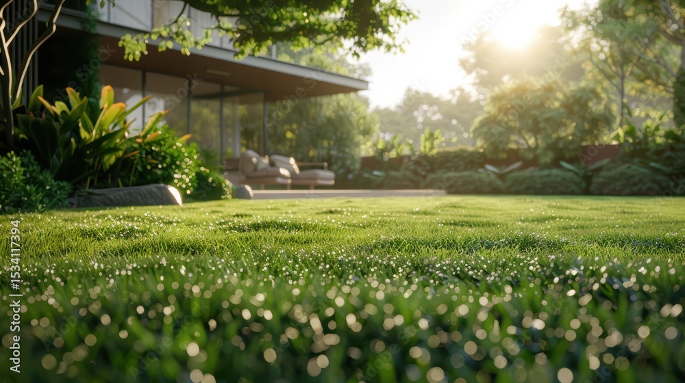 Obraz premium Spacious brick house with well - manicured lawn, lush garden, and clear blue sky in suburban neighborhood