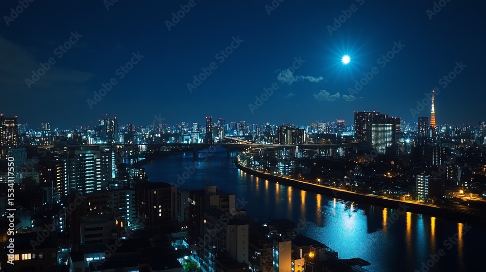 Fototapeta premium Night cityscape with river, bridge, and moonlit skyline. Buildings, lights, and water reflect urban glow