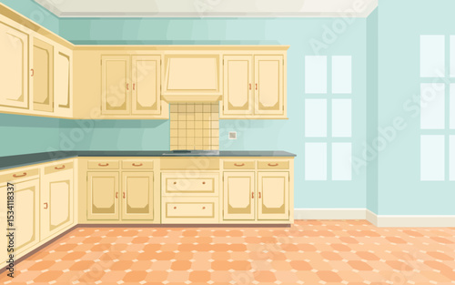 Charming Vintage Kitchen Illustration Pastel Colors, Tile Floor, and Classic Cabinets