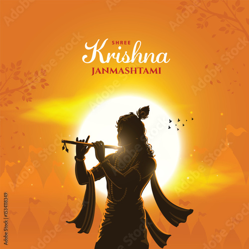 Happy Janmashtami with lord Krishna silhouette on sunset background. Creative Vector Illustration design.