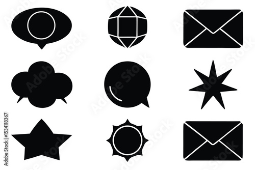 Collection of black and white minimalist icons representing communication and miscellaneous symbols