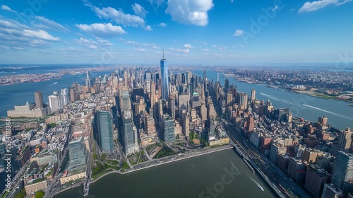 Panoramic aerial view of a bustling city, showcasing a dense skyline of skyscrapers, surrounded by water bodies under a vibrant blue sky