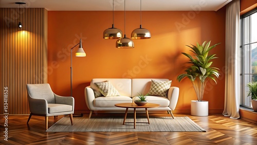 Stylish interior with bold orange walls, sculptural lighting, retro armchair, and cozy white sofa. Warm palette and soft textures create a relaxing mood