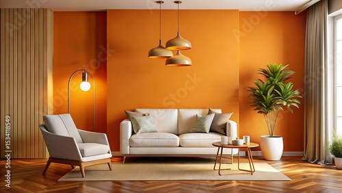 Stylish interior with bold orange walls, sculptural lighting, retro armchair, and cozy white sofa. Warm palette and soft textures create a relaxing mood