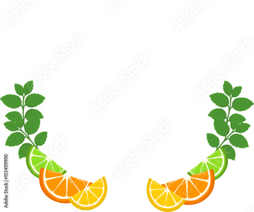 Vector round frame with a sprig of mint and juicy citrus slices: orange, linome, lime. Summer citrus wreath. Vector isolated illustration on a transparent background.