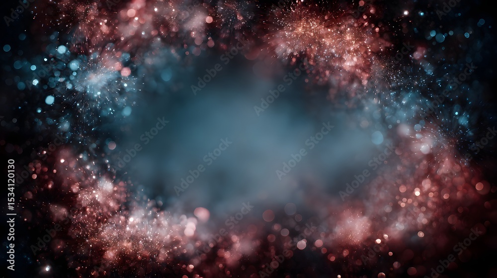 Naklejka premium Sparkling New Year fireworks and blurred bokeh lights around glowing center